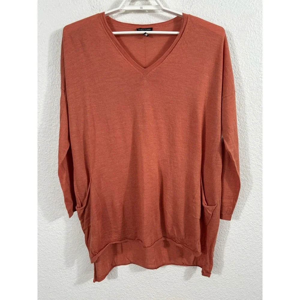 Eileen Fisher Sweater Womens‎ XL Rust Merino Wool V Neck Tunic Pockets Lagenlook